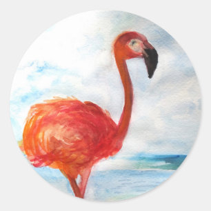 Pink Flamingo Sticker, Flamingo Wasserfarbe Kunst Runder Aufkleber
