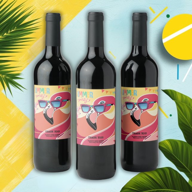 Pink Flamingo Summer Party Weinetikett (Von Creator hochgeladen)