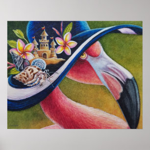 Pink Flamingo Sun Hat Hermit Crab Watercolor 16x20 Poster
