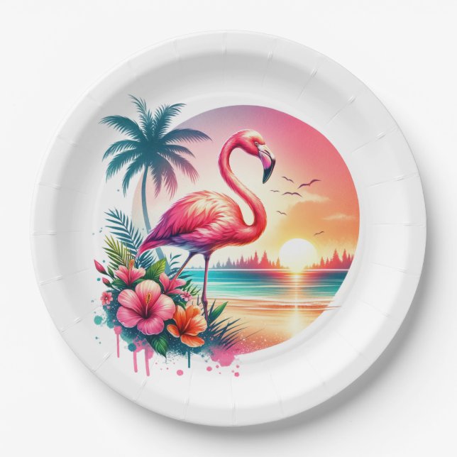 Pink Flamingo Sunset Clipart Pappteller (Vorderseite)