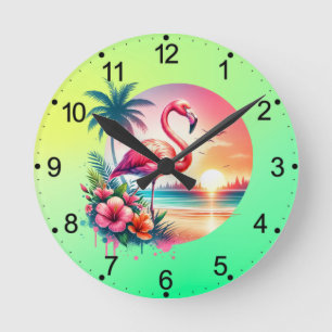 Pink Flamingo Sunset Clipart Runde Wanduhr