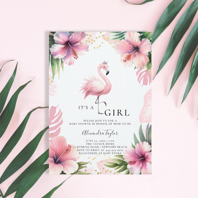 Pink Flamingo Tiara Bold Tropical Girl Baby Dusche Einladung (pink flamingo baby girl shower invitation hibiscus tropical floral palm leaf watercolor gold elegant)