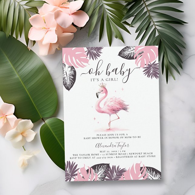 Pink Flamingo Tiara Tropical Chic Girl Babydusche Einladung (pink flamingo baby girl shower invitation cute watercolor tropical invite purple blush summmer fun)
