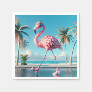 Pink Flamingo Tragen Sneakers und Kopfhörer Serviette