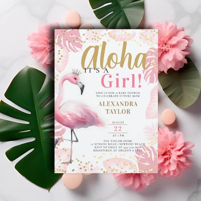 Pink Flamingo Tropical Aloha Girl Babydusche Einladung (pink flamingo baby girl shower invitation summer tropical foliage gold tiara aloha hawaii elegant)