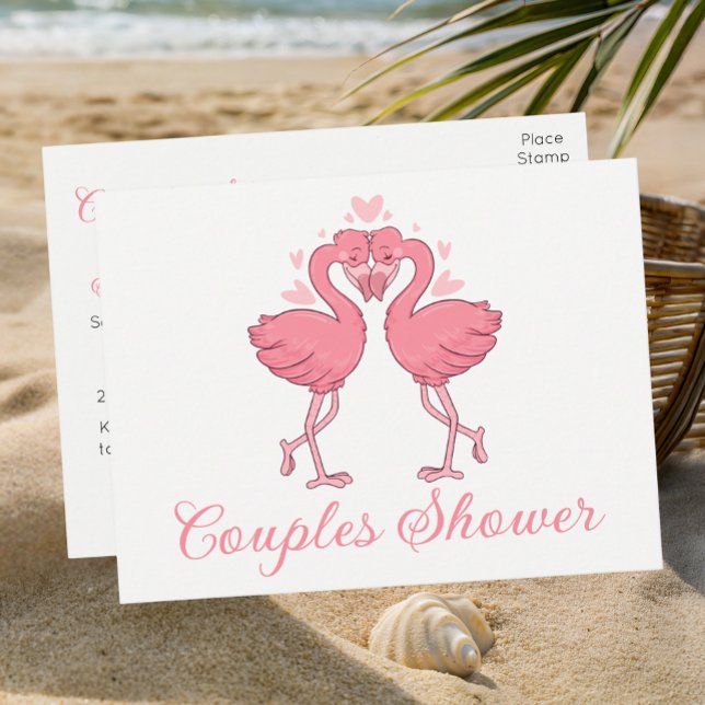 Pink Flamingo Tropical Beach Couples Bridal Shower Einladungspostkarte (Von Creator hochgeladen)
