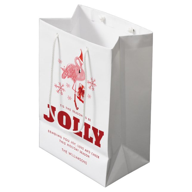 Pink Flamingo Tropical Beach Weißes Weihnachtsfest Mittlere Geschenktüte (Vorderseite Schrägansicht)