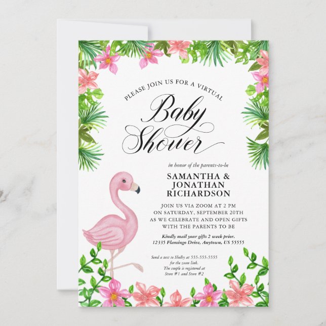 Pink Flamingo Tropical Blume Virtual Baby Dusche Einladung (Vorderseite)