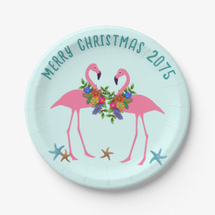 Pink Flamingo Tropical Christmas Message Pappteller