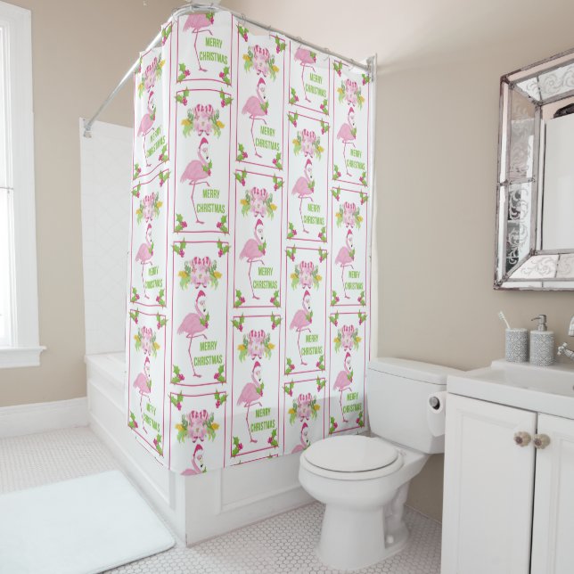Pink Flamingo Tropical Christmas Pattern Duschvorhang (Beispiel)