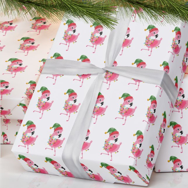 Pink Flamingo Tropical Christmas Wrapping Paper Geschenkpapier (Von Creator hochgeladen)