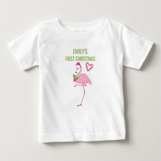 Pink Flamingo Tropical First Christmas Baby T-shirt (Vorderseite)
