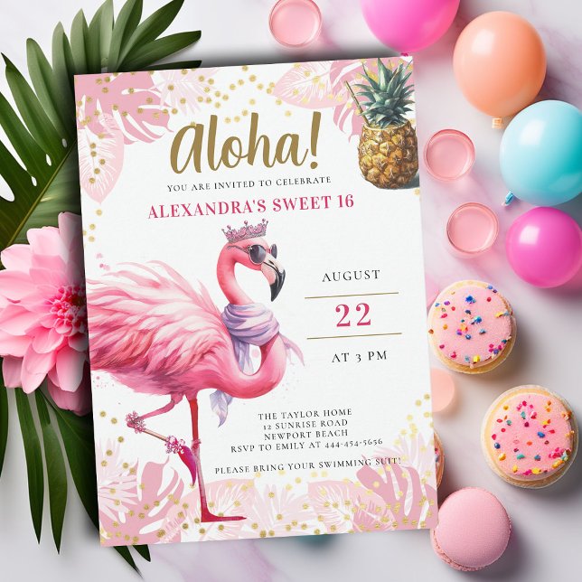 Pink Flamingo Tropical Floral Aloha Party Sweet 16 Einladung (pink flamingo sweet sixteen birthday party invitation pool beach summer pineapple cocktails cute fun)