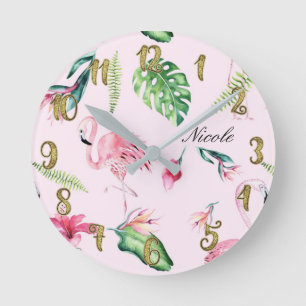 Pink Flamingo & Tropical Floral Blätter Custom Runde Wanduhr