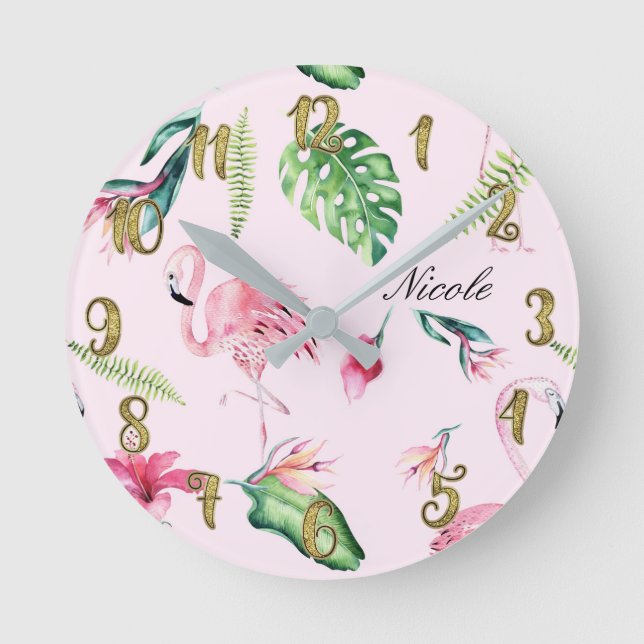 Pink Flamingo & Tropical Floral Blätter Custom Runde Wanduhr (Vorderseite)