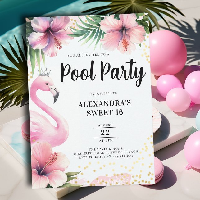 Pink Flamingo Tropical Floral Pool Party Sweet 16 Einladung (pink flamingo sweet sixteen birthday party invitation pool beach summer pineapple cocktails tiara)