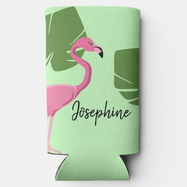 Pink Flamingo Tropical Green Bachelorette Selters Dosenkühler (Rückseite)
