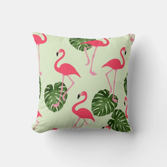 Pink Flamingo Tropical Green Leaf Kissen (Vorderseite)