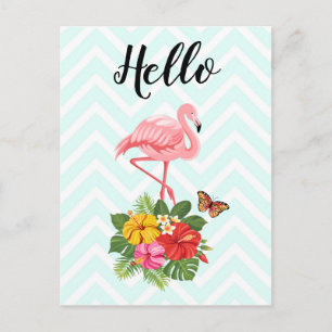 Pink Flamingo & Tropical Hibiskus Extravagant Hall Postkarte
