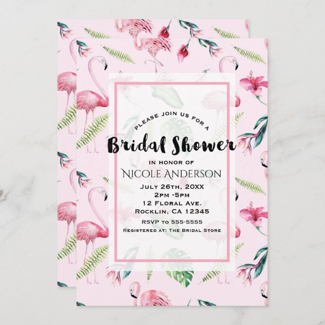 Pink Flamingo Tropical Hibiskus Floral Bridal Einladung (Vorne/Hinten)