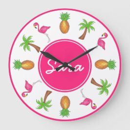 Pink Flamingo Tropical Island Palm Tree Ananas Große Wanduhr
