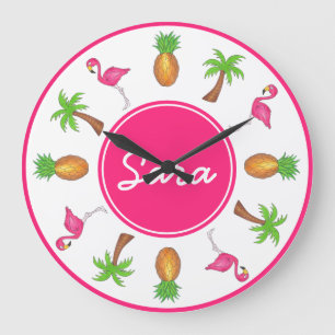 Pink Flamingo Tropical Island Palm Tree Ananas Große Wanduhr