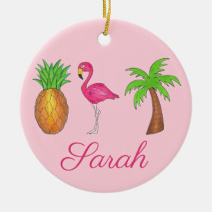 Pink Flamingo Tropical Island Palm Tree Ananas Keramik Ornament