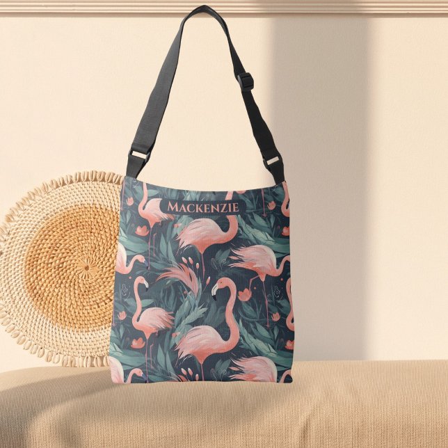 Pink Flamingo Tropical Pattern Personalisiert Tragetaschen Mit Langen Trägern (Pink Flamingo Tropical Pattern Personalized Crossbody Bag by Ricaso. Add your own mane or other text)