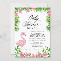 Pink Flamingo Tropical Script Baby Dusche by Mail