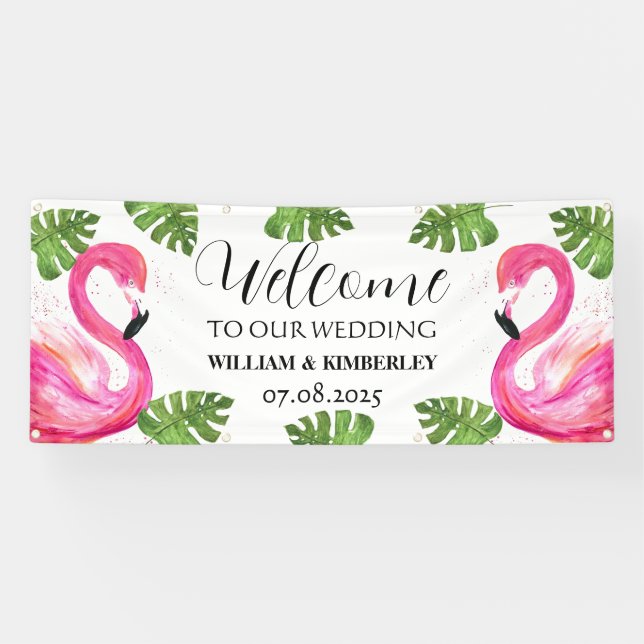 Pink Flamingo Tropical Summer Beach Hochzeit Banner (Horizontal)