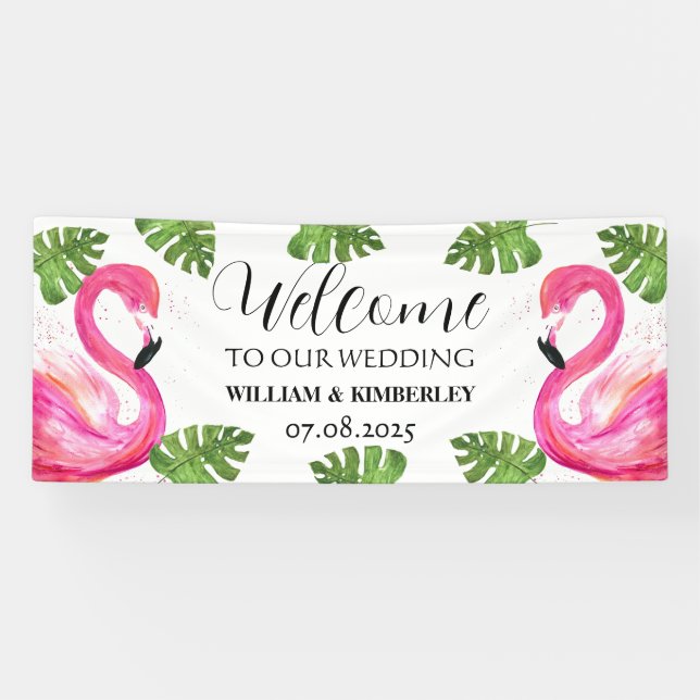 Pink Flamingo Tropical Summer Beach Hochzeit Banner (Horizontal)