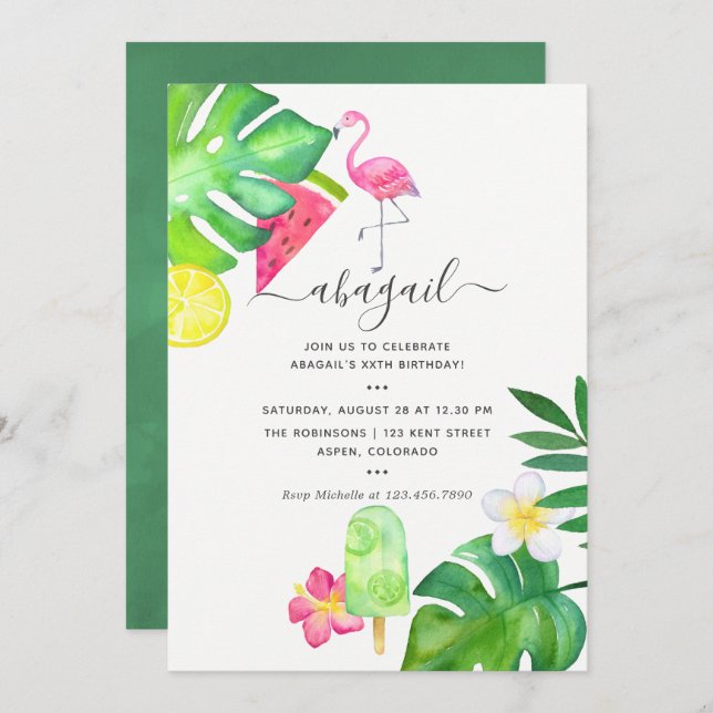 Pink Flamingo Tropical Watercolor Sommer Geburtsta Einladung (Vorne/Hinten)
