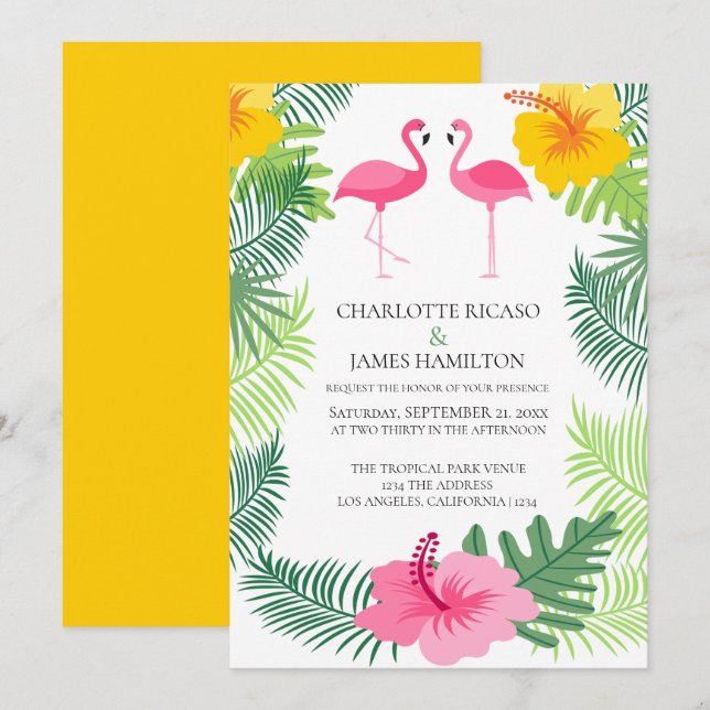 Pink Flamingo Tropical Wedding Personalisiert Einladung (Vorne/Hinten)