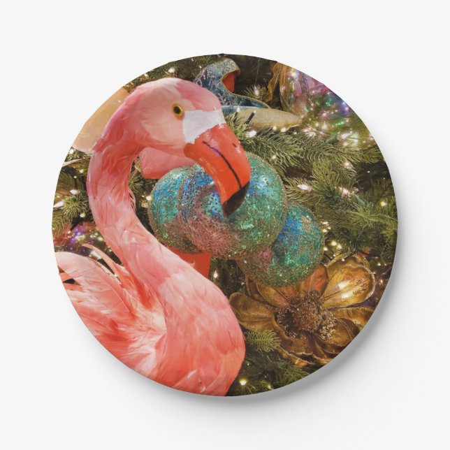 Pink Flamingo und Christmas Tree Party Pappteller (Vorderseite)