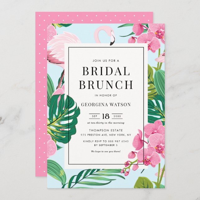 Pink Flamingo und Orchians Tropical Bridal Brunch Einladung (Vorne/Hinten)
