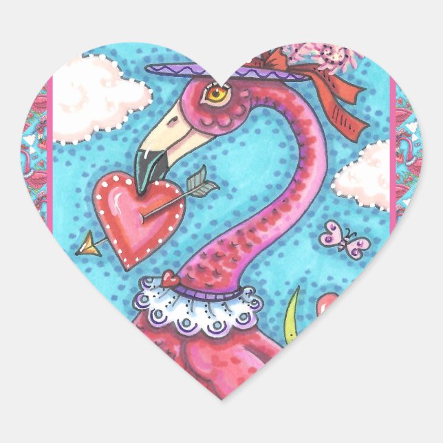 PINK FLAMINGO VALENTINE HERZEN, LIEBE VÖGEL WHIMSY Herz-Aufkleber (Vorderseite)