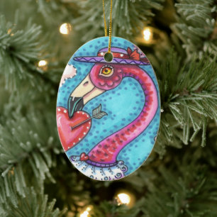 PINK FLAMINGO VALENTINE HERZEN, LIEBE VÖGEL WHIMSY KERAMIK ORNAMENT