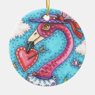 PINK FLAMINGO VALENTINE HERZEN, LIEBE VÖGEL WHIMSY KERAMIK ORNAMENT