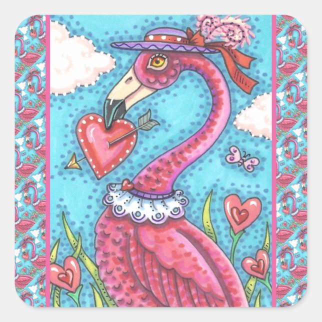 PINK FLAMINGO VALENTINE HERZEN, LIEBE VÖGEL WHIMSY QUADRATISCHER AUFKLEBER (Vorderseite)