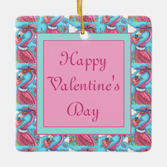 PINK FLAMINGO VALENTINE HERZEN, NIEDLICHE LIEBE VÖ KERAMIKORNAMENT (Vorderseite)