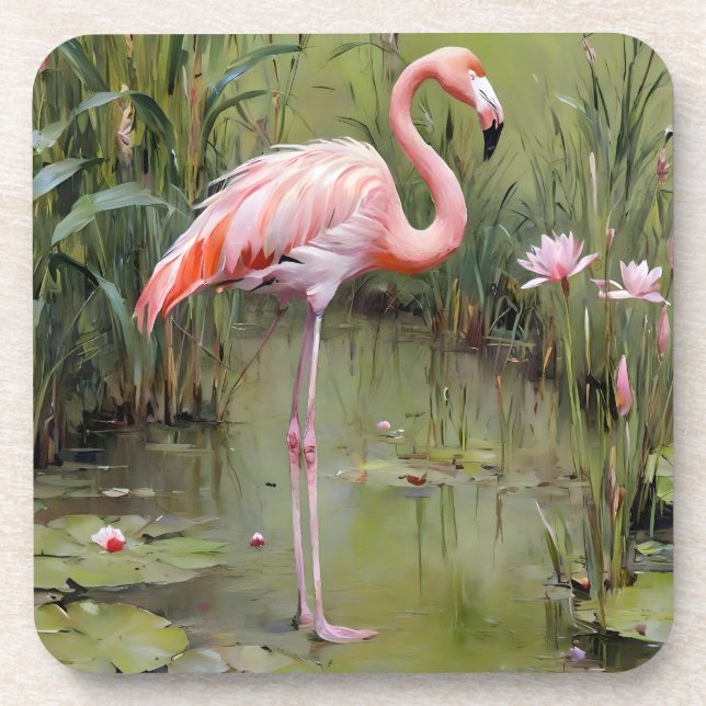 Pink Flamingo Water Lilies and Reeds Oil Painting, Getränkeuntersetzer (Vorderseite)