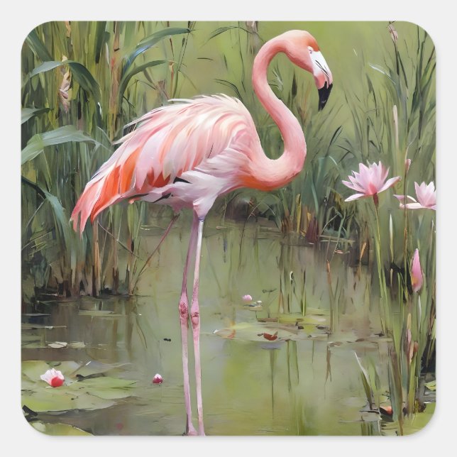 Pink Flamingo Water Lilies and Reeds Oil Painting, Quadratischer Aufkleber (Vorderseite)