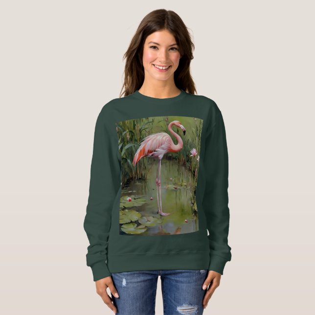 Pink Flamingo Water Lilies and Reeds Oil Painting, Sweatshirt (Vorne ganz)