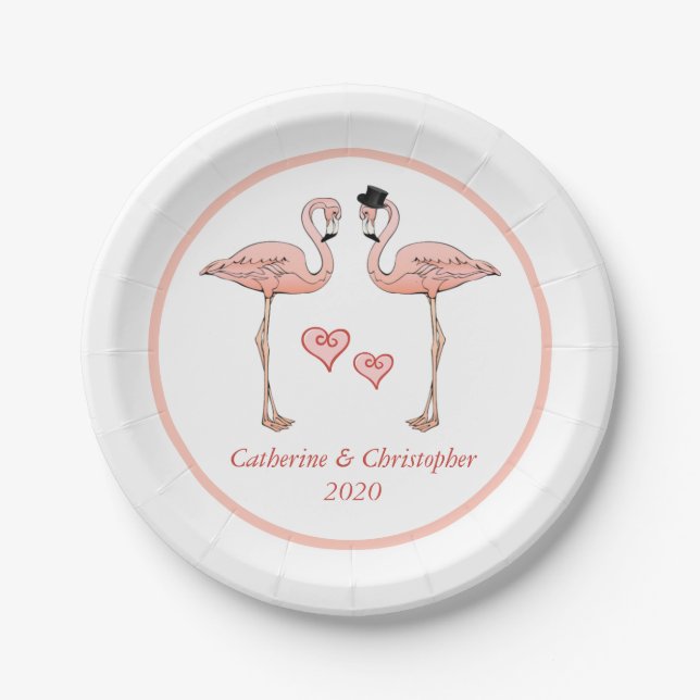 Pink Flamingo Wedding Bride Groom Hearts Love Bird Pappteller (Vorderseite)