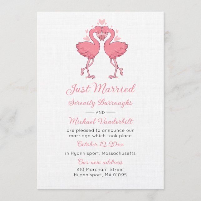 Pink Flamingo Wedding Just Married Announcement Einladung (Vorderseite)
