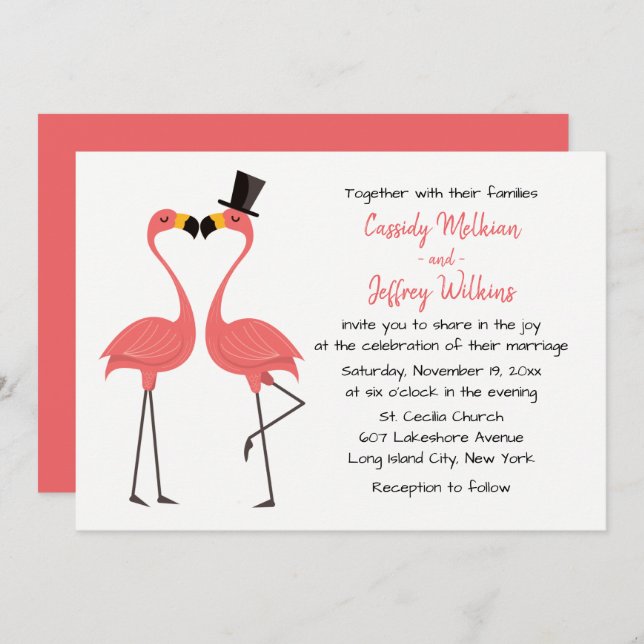 Pink Flamingo Wedding Tropical Summer Beach Einladung (Vorne/Hinten)