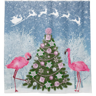 Pink Flamingo Weihnachtsbaum Duschvorhang