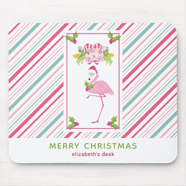 Pink Flamingo Weihnachtsmannmütze Candy Canes und  Mousepad (Vorne)