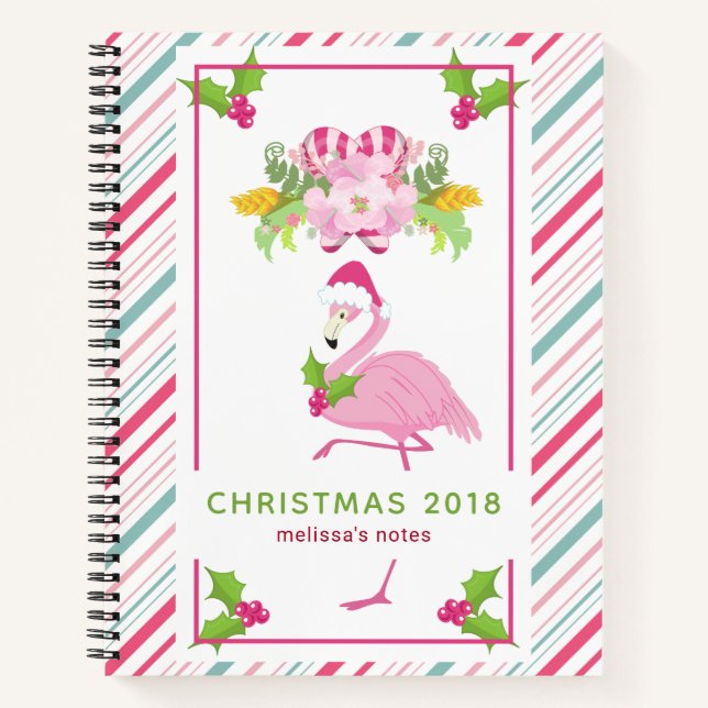 Pink Flamingo Weihnachtsmannmütze Candy Canes und  Notizbuch (Vorderseite)