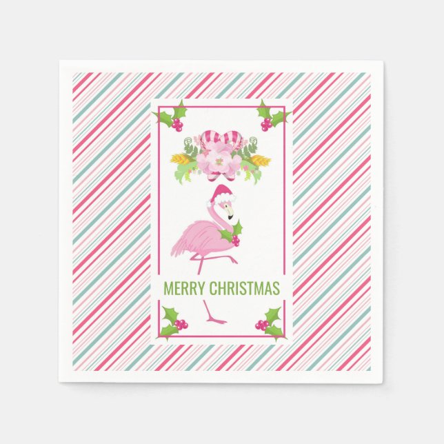Pink Flamingo Weihnachtsmannmütze Candy Canes und  Serviette (Vorderseite)